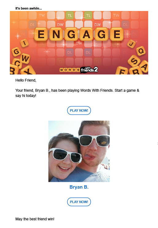 Message from Words With Friends showing friends that have recently played the game.