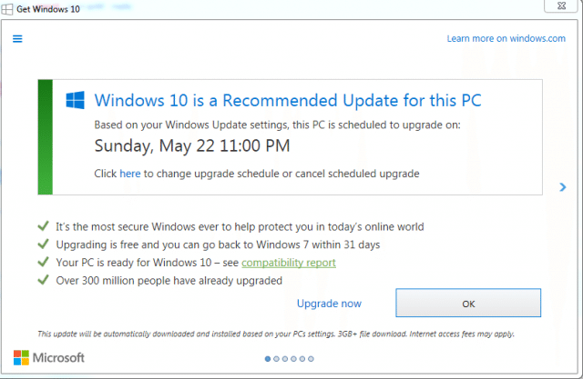 Windows 10 update screen showing two options: “Upgrade now” and “OK.”