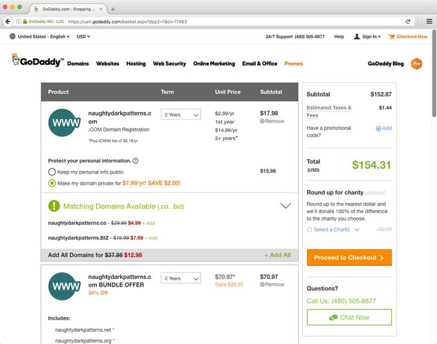 GoDaddy checkout screen with $15.96 “Protect your personal information” option selected by default.